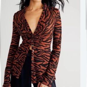 Free People Lucky Shirtee - Brown Tiger Print Sheer Women's Top - Size M